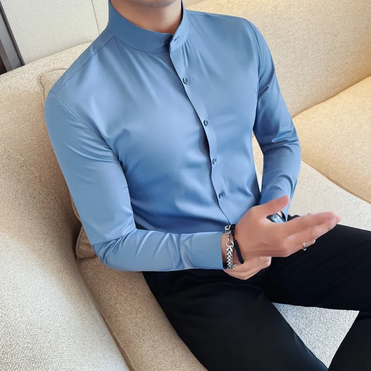 秋季男士轻熟痞帅立领商务休闲长袖衬衣韩版修身青年职业无痕衬衫