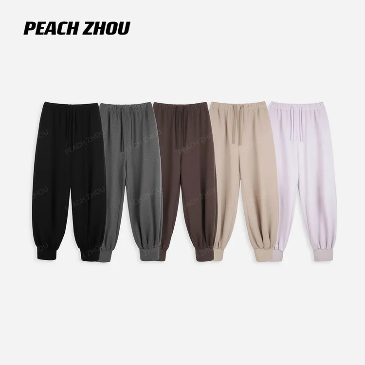 『PEACHZHOU』100棉基础纯色宽松直筒休闲裤松紧腰百搭运动感束脚裤