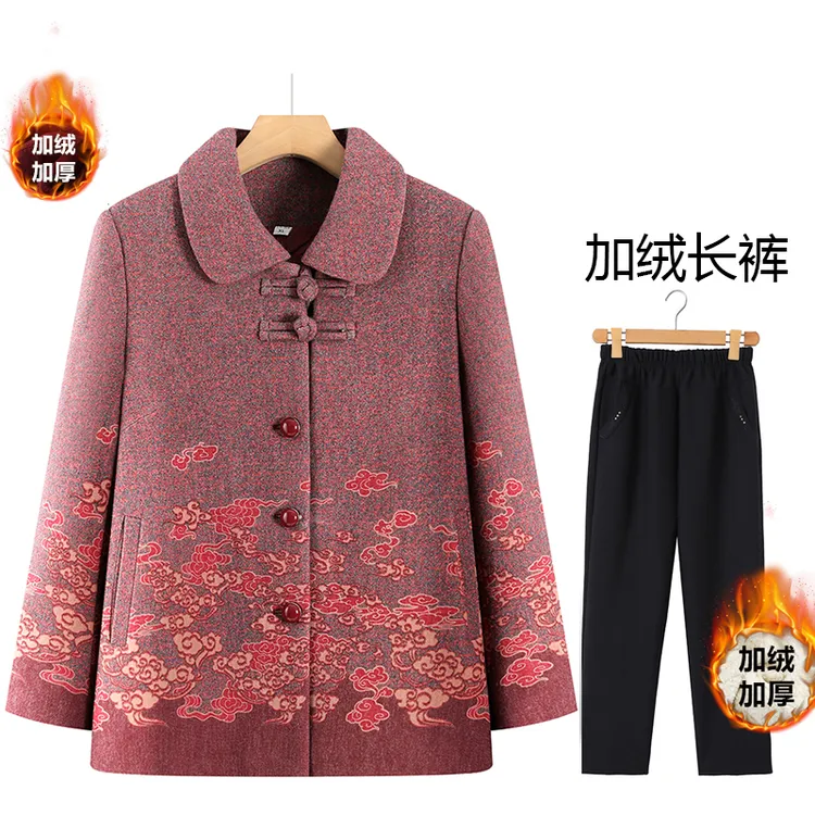 奶奶装冬款加绒加厚外套中老年妈妈冬季新款保暖翻领上衣宽松衣服