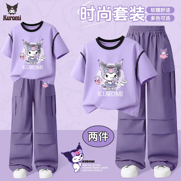 库洛米童装儿童夏装套装女童撞色短袖t恤中大童洋气衣服两件套