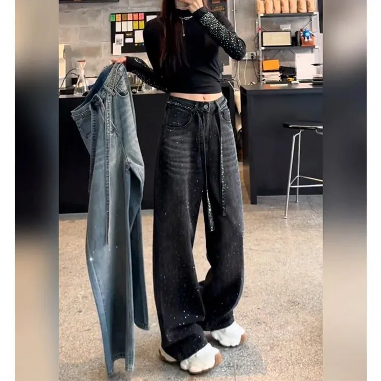 设计感满天星烫钻牛仔裤女2025春季新款小众猫须宽松显瘦阔腿裤