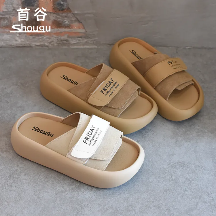 shougu/首谷2025夏季新款厚底魔术贴一字拖鞋女露趾休闲百搭凉拖