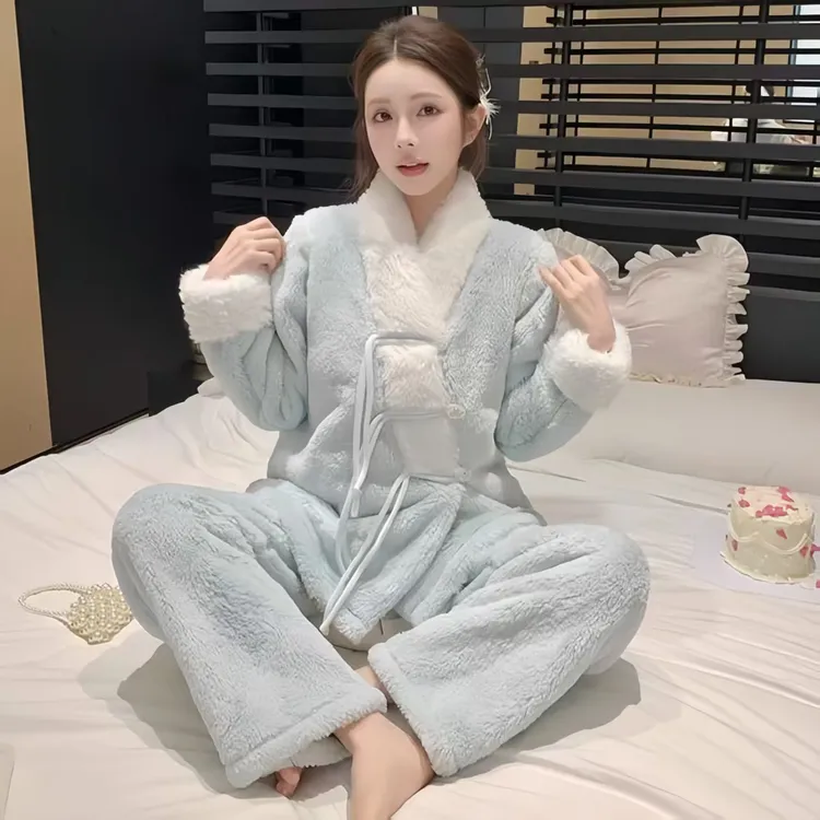 新中式珊瑚绒甜美风睡衣女款爆款2025新款冬季加绒加厚套装家居服
