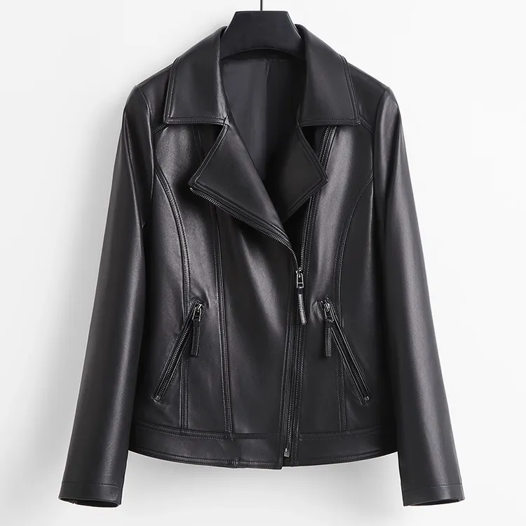 纪诗哲女装时尚秋季新款修身皮衣女舒适短款休闲百搭翻领夹克外套