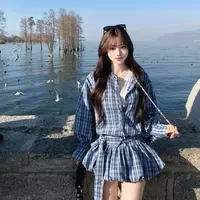 独特别致套装长袖宽松格纹衬衫女装春季高腰花苞半身裙