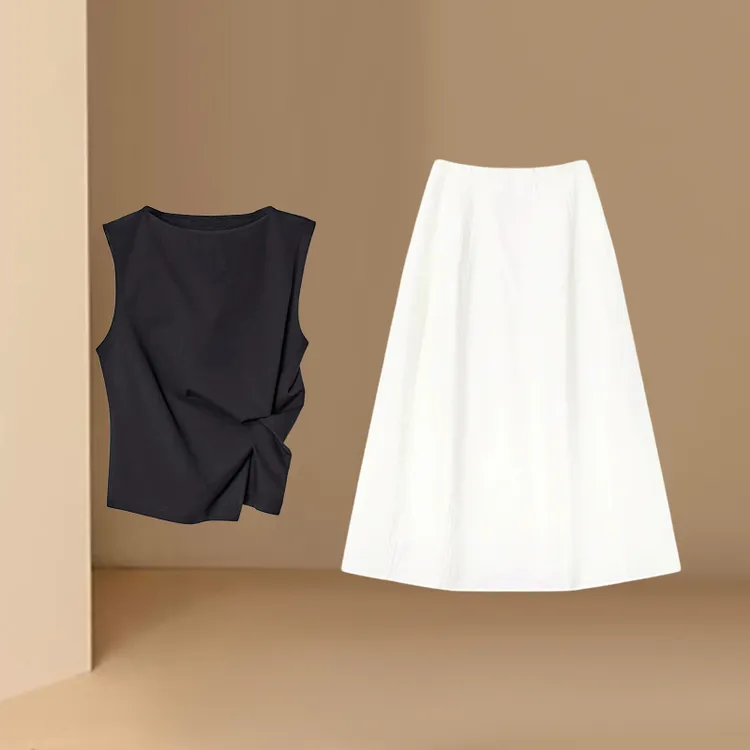 韩风chic气质修身扭结无袖上衣半身裙女2025夏季新款御姐知性套装