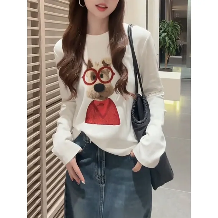 韩版时尚正肩打底T恤女2025春秋新款趣味印花紧身显瘦超好看上衣