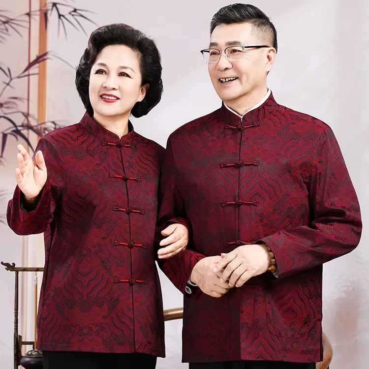 中老年情侣装唐装外套春秋季长袖夹克爸爸装套装薄款生日宴会衣服
