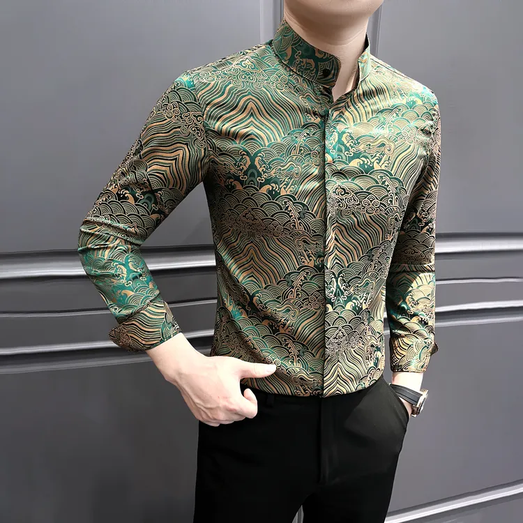 祥云花衬衫男款长袖春秋爆款2025新款高级感男装国风立领男士衬衣