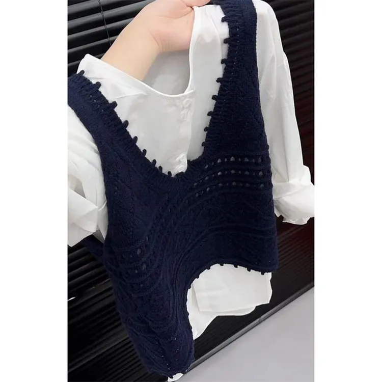 秋季2025大码穿搭镂空针织马甲长袖圆领衬衫女宽松显瘦减龄两件套
