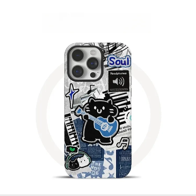 适用吉他猫咪苹果17promax菲林手机壳华为p80oppo小米15vivo卡通