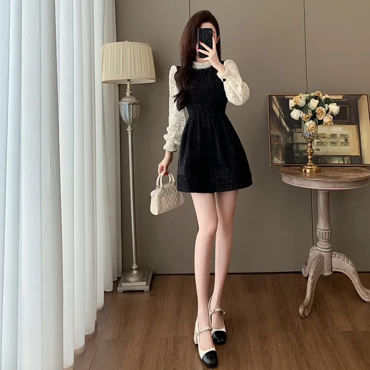 秋季法式名媛千金风时尚赫本收腰小黑裙女洋气小香风假两件连衣裙