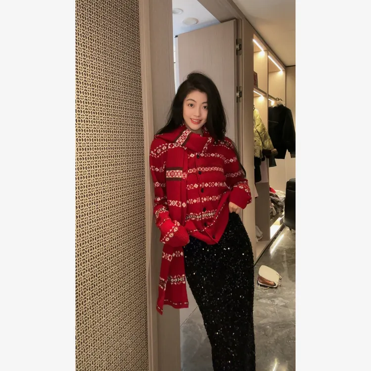 N.COU妮蔻25冬新款百搭100绵羊毛红色圣诞新年毛衣开衫DY10837