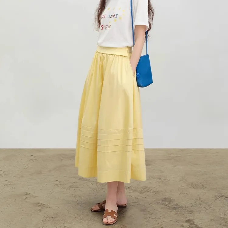 张小某甜美多巴胺秋季黄色半身裙女松紧高腰长款a字伞裙Q0815