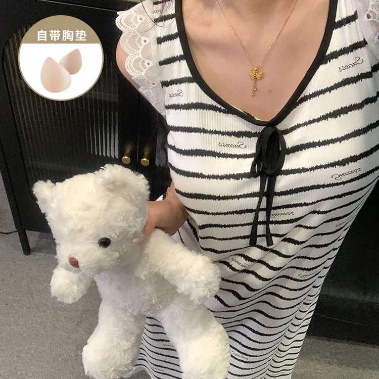 带胸垫莫代尔简约条纹睡裙女款夏季爆款蕾丝花边女士睡衣裙家居服