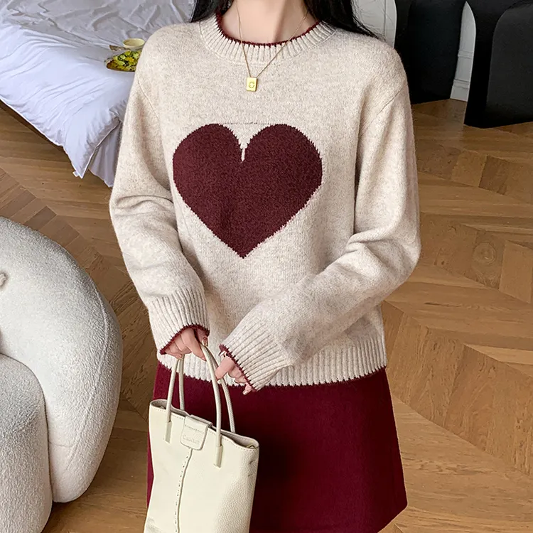 拉夏贝尔撞色毛衣女2025秋冬新款韩版设计圆领套头彩色毛纱针织衫