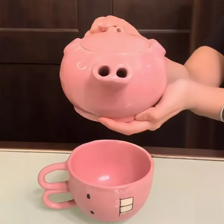 【艺凡】小猪陶瓷水壶搞笑猪鼻子流水茶壶有趣水杯猪头茶具拍照配件