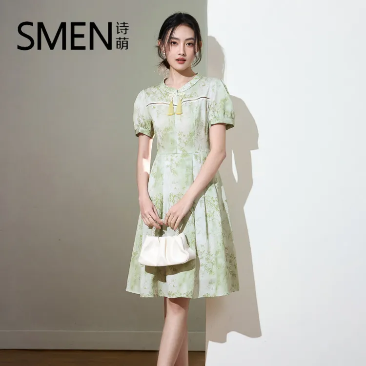 【专柜品质】新中式国风印花拼接连衣裙女夏季法式时尚气质收腰裙子