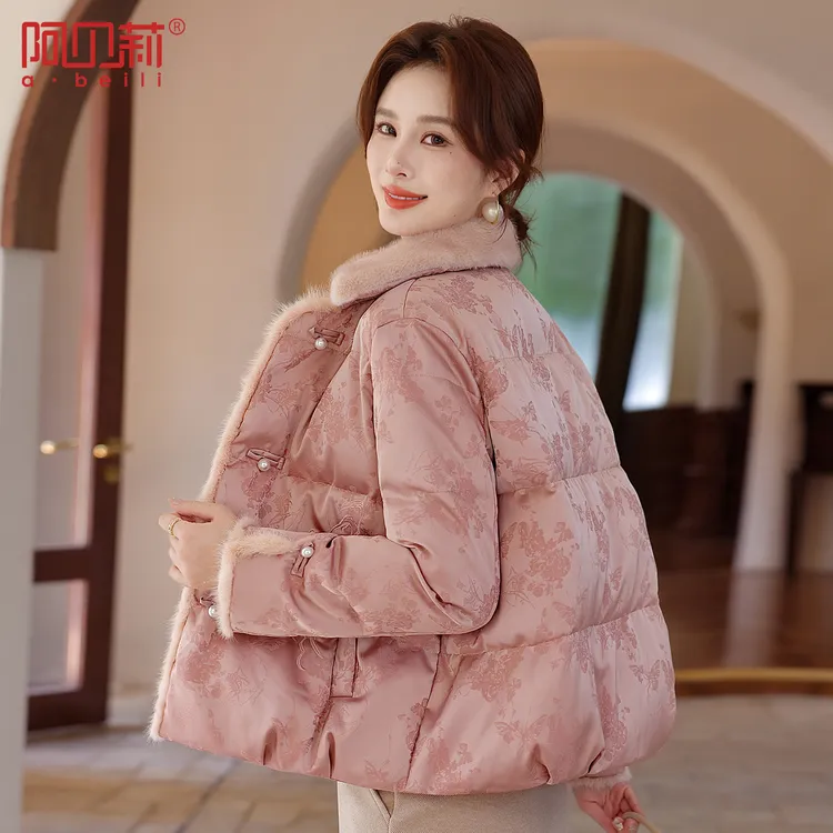 洋气妈妈冬装翻领棉衣新款新中式保暖棉服中老年女装冬季印花外套