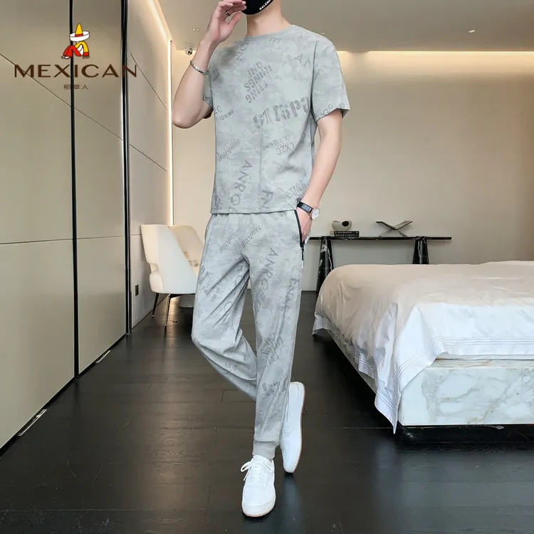 Mexican/稻草人夏季休闲运动套装薄款男士透气T恤短袖+裤子两件套