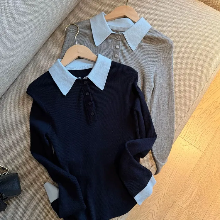 设计感时尚撞色衬衣领长袖针织衫秋冬2025新款百搭显瘦假两件上衣