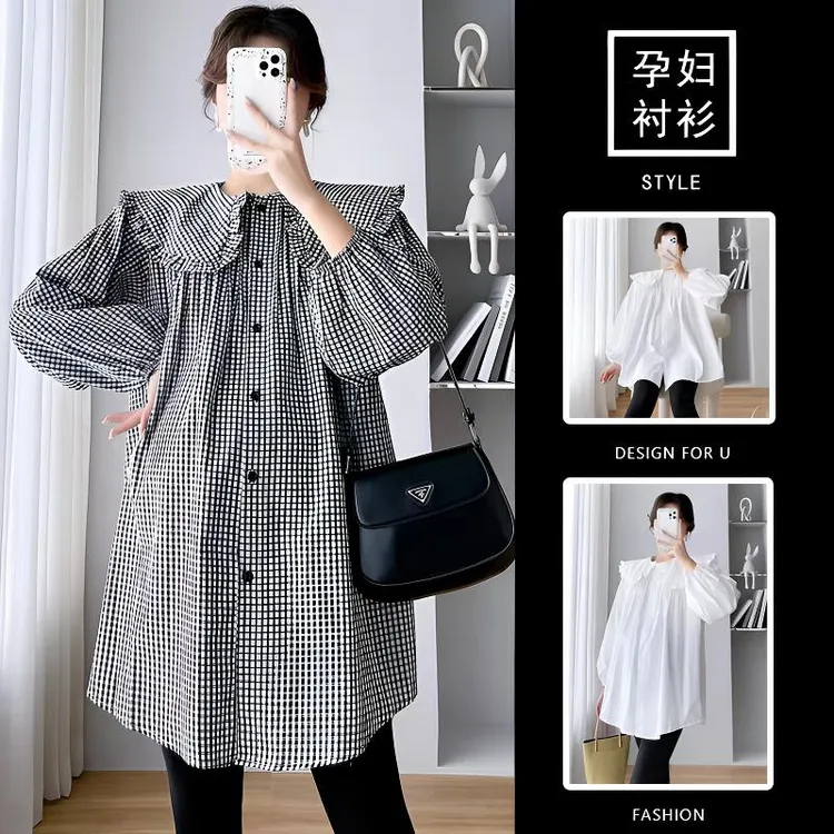 妈妈孕妇上衣怀孕外穿潮妈宽松灯笼袖娃娃领衬衫孕妇装甜美衬衣