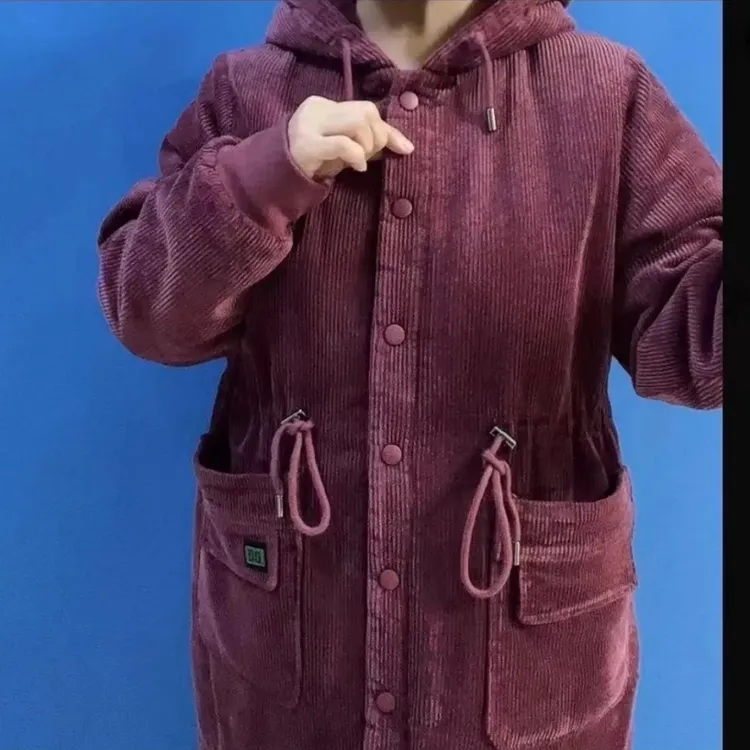 冬季休闲百搭加肥加大码纯色水洗条绒连帽长袖棉服外套