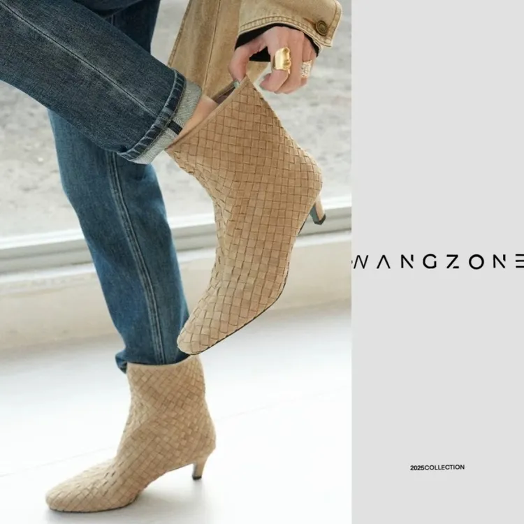 WANG ZONE | 复古法式编织羊皮尖头细跟高级感显瘦中筒靴