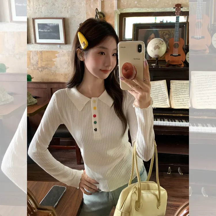 彩色纽扣设计感polo领甜美长袖T恤女秋冬2025新款木耳边褶皱上衣