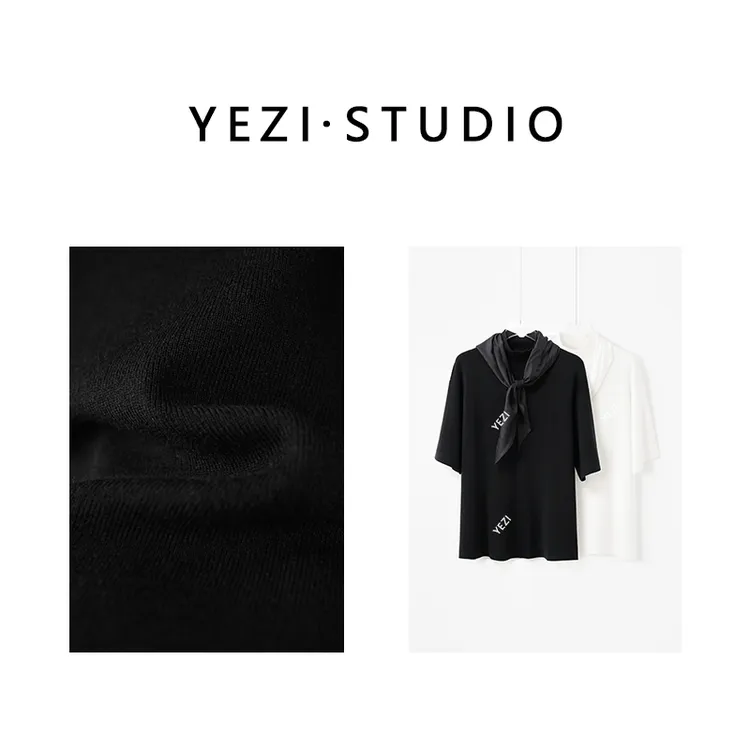 【山茶花】高支羊毛16针双面织真丝飘带优雅立领T恤针织衫25318016