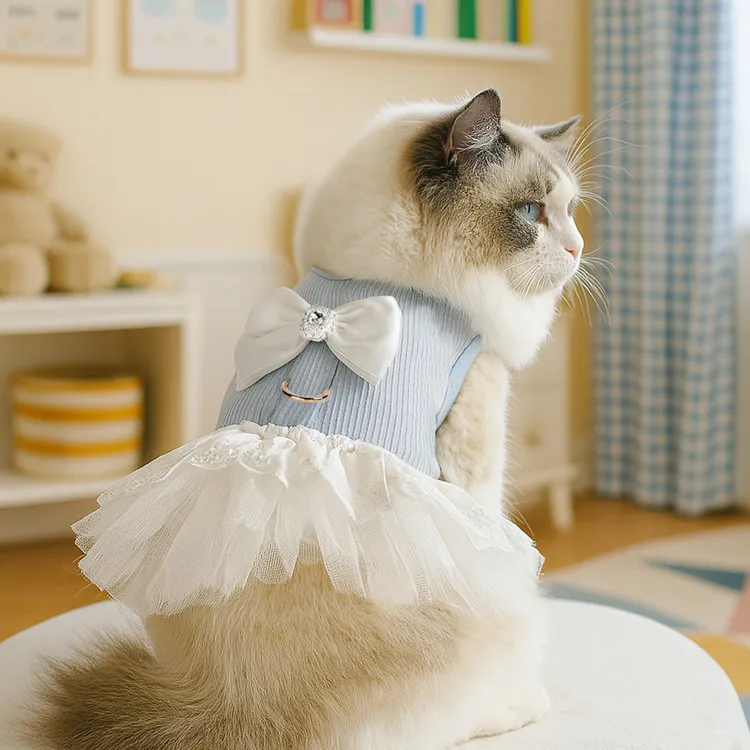 ins可爱猫咪狗狗衣服秋冬季新款蓝白蝴蝶结宠物泰迪比熊公主裙子