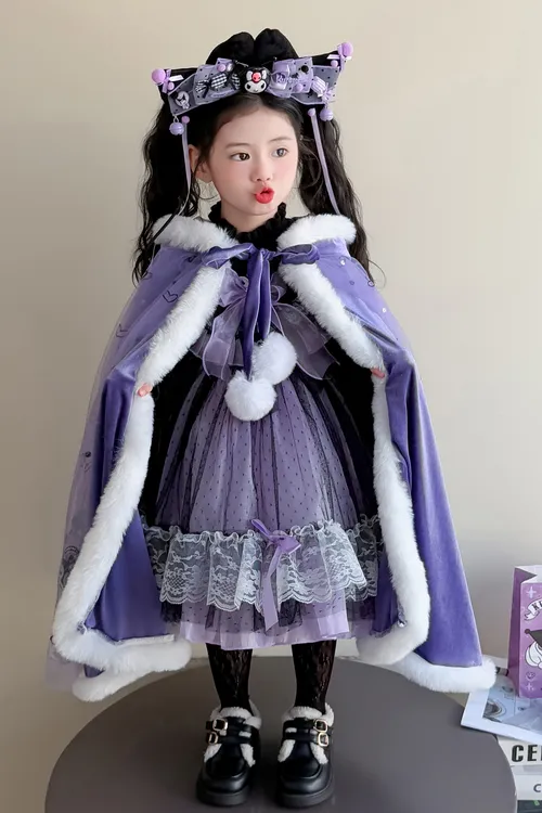 库洛米裙子女童连衣裙秋冬加厚儿童公主斗篷披风宝宝生日毛衣裙