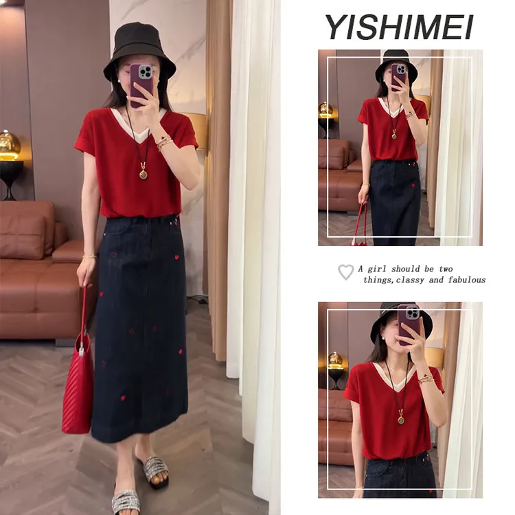 【现货】2025女新款爆款韩系简约假两件短袖上衣显瘦半身裙两件套装