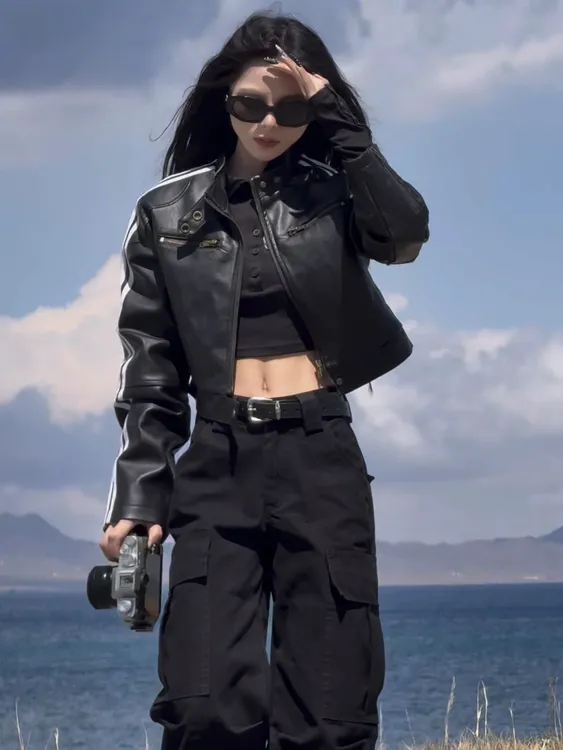 复古条纹机车皮衣女2025秋季新款长袖立领百搭显瘦pu皮短款外套