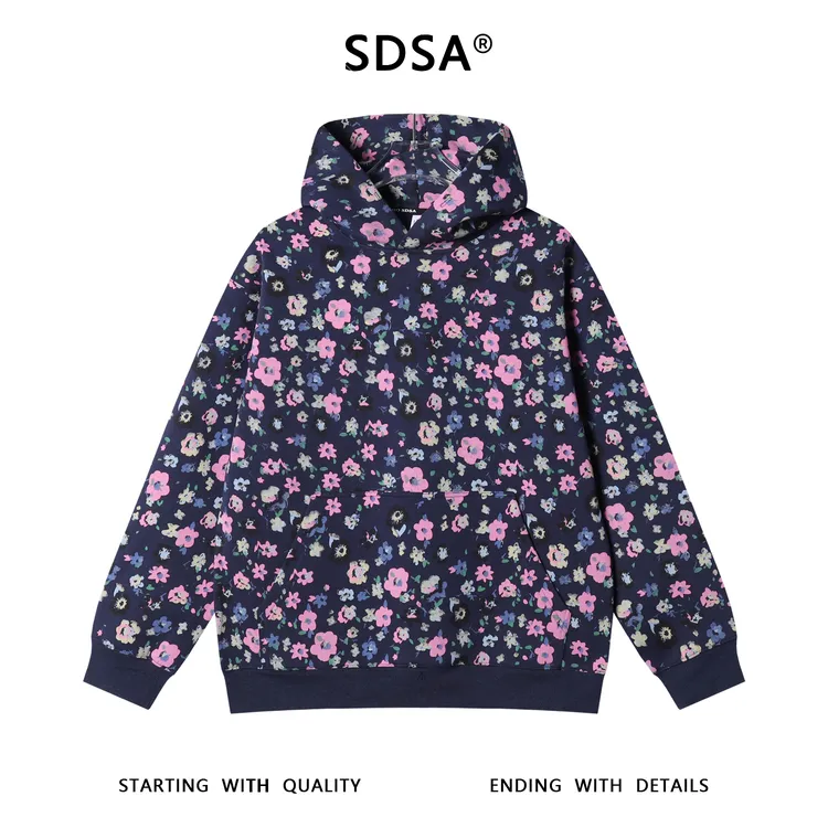 SDSA秋冬新款痞帅男装潮牌休闲满印植物花卉印花连帽卫衣百搭简约