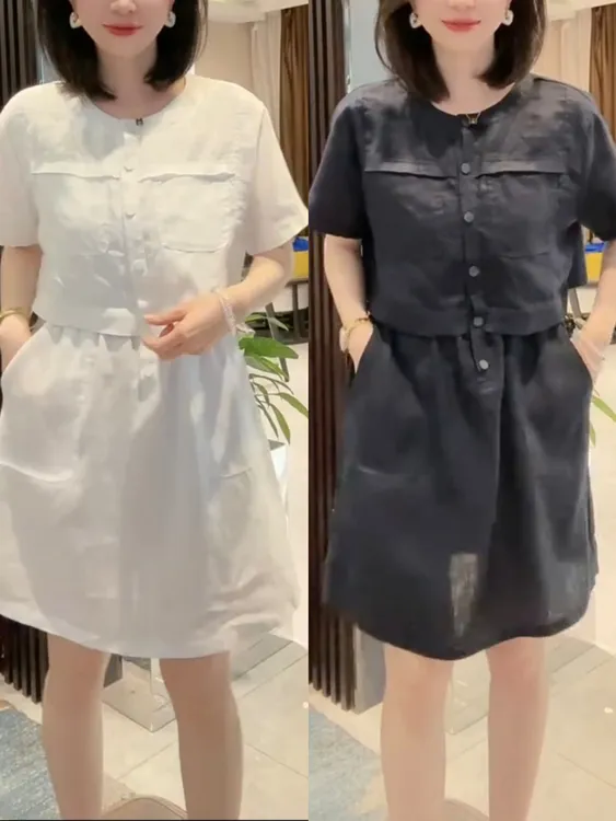 夏季新款时尚洋气减龄假两件棉麻连衣裙短袖圆领抽绳收腰拼接女裙