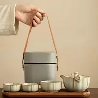 KK0575-汝窑蝴蝶旅行茶具手工复古简约陶瓷中式便携手提轻奢茶道