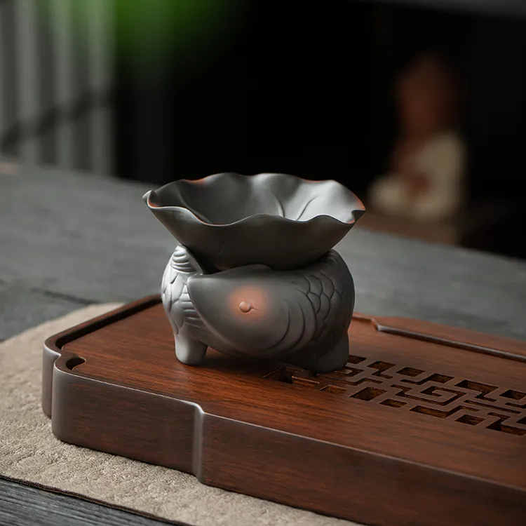 建水紫陶年年有余茶漏组全瓷一体过滤家用茶叶滤网茶具茶道配件