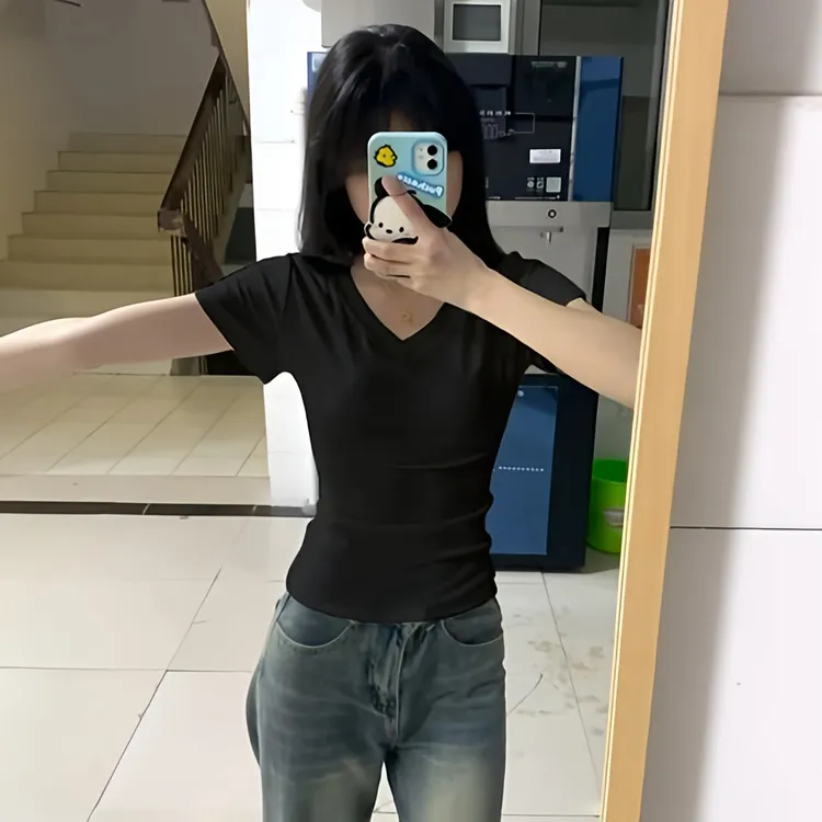 韩系chic夏季v领洋气掐腰收腰修身短袖时尚潮牌t恤bm上衣女常规版