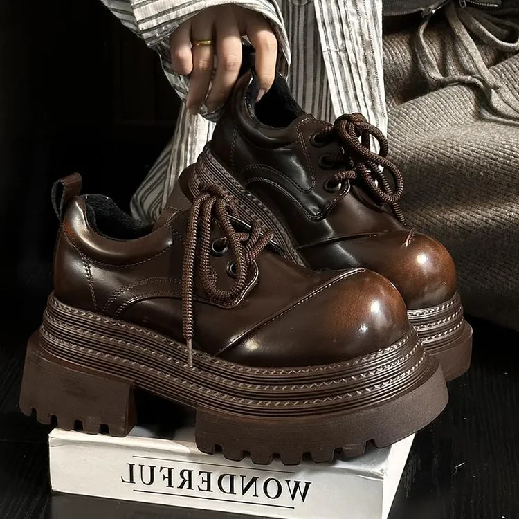 英伦风圆头厚底小皮鞋女2025新款系带百搭德比鞋小个子增高乐福鞋