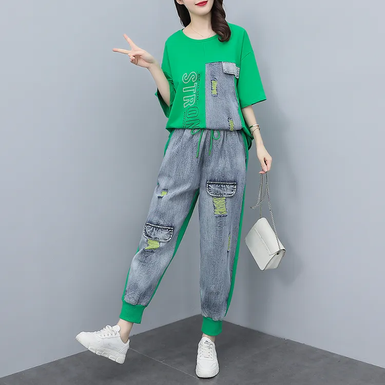 2025夏季欧货高端大码女装时尚短袖时髦显瘦洋气减龄休闲牛仔套装