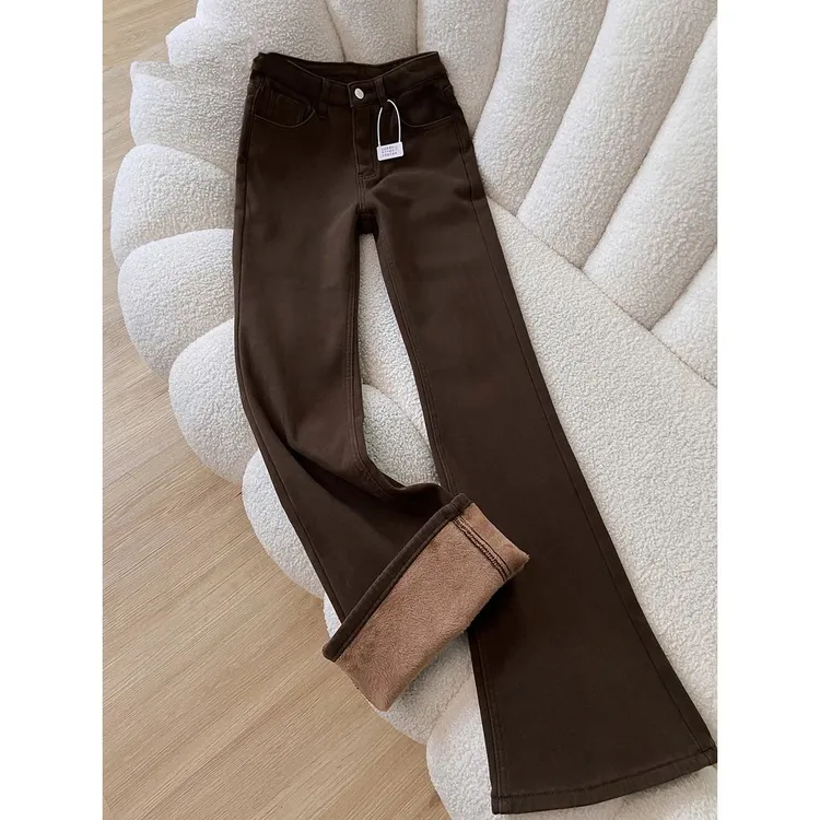 雪千羽加绒加厚咖啡色微喇牛仔裤女2025秋冬小个子修身显瘦喇叭裤