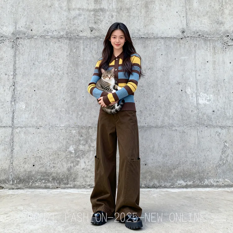 美式复古INS风琥珀色阔腿牛仔女宽松工装弯刀百搭拖地显瘦牛仔裤