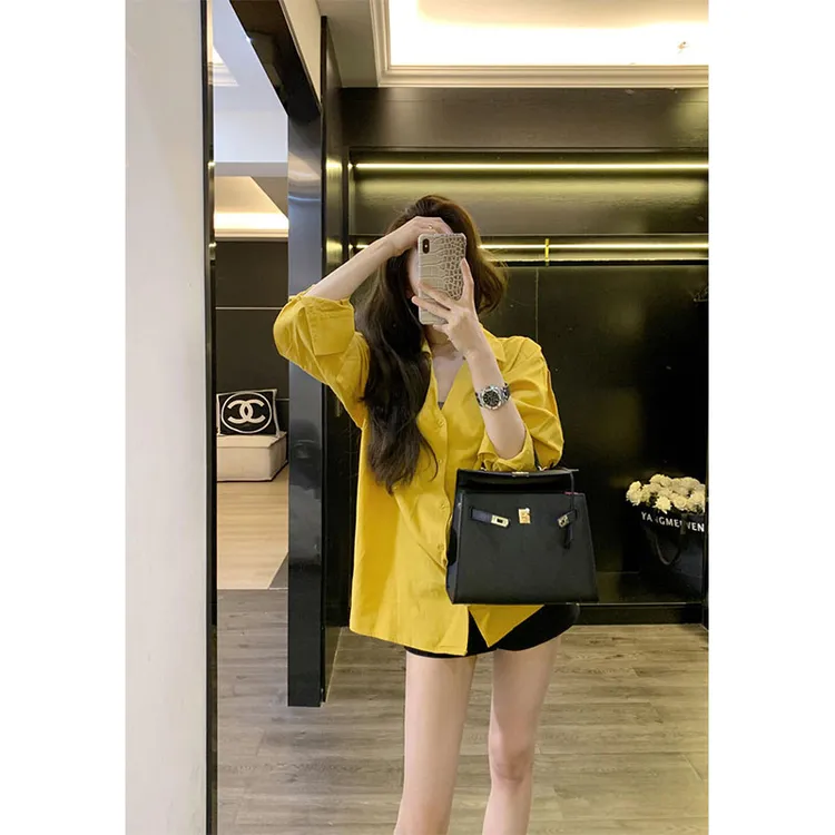春季新款轻熟风气质小众宽松长袖衬衫上衣高腰显瘦百搭休闲短裙女