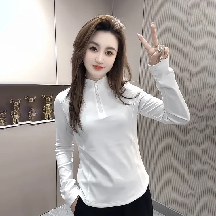 2025秋冬新款修身纯色半拉链打底衫女休闲运动白色长袖T恤上衣