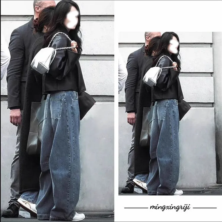 明星同款蓝色阔腿牛仔裤女2025春秋新款复古高腰显瘦宽松直筒裤子