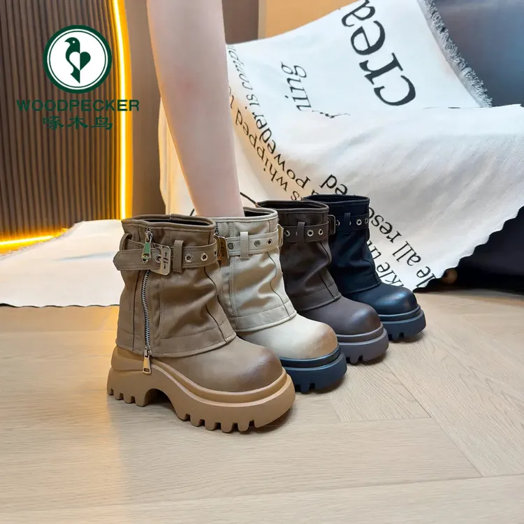 啄木鸟增高8cm库管中筒靴2025秋季新款时尚百搭爆款明星同款女靴A