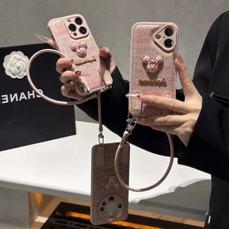 适用粉米奇编织纹挂绳苹果16/17手机壳iPhone15小米14vivoppo华为