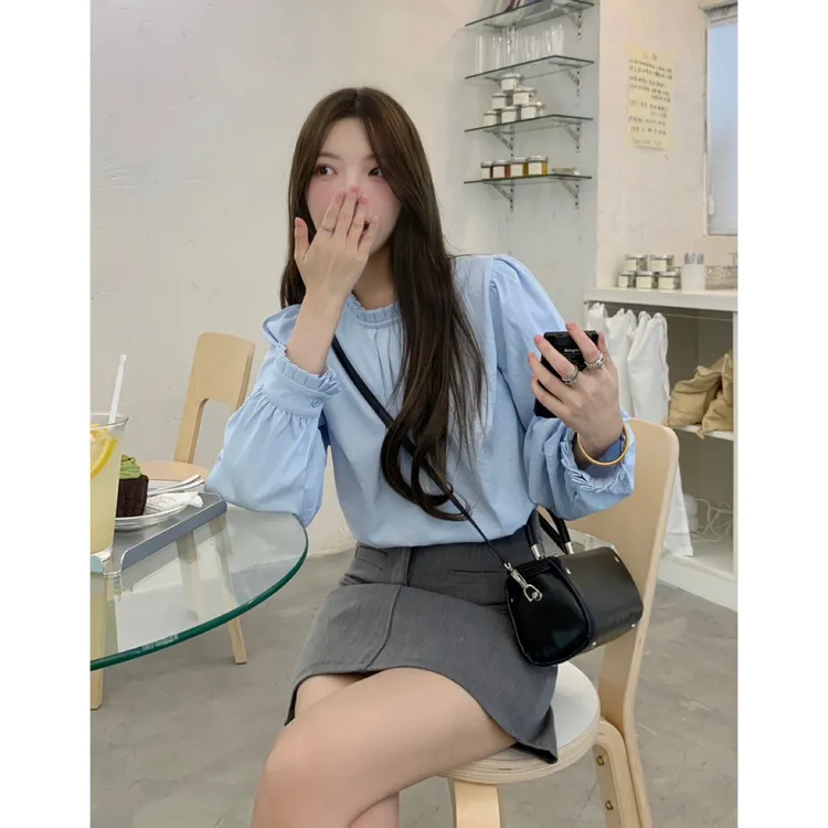 雨过天晴~新款韩版设计感小众木耳边衬衫女长袖宽松百搭上衣 Y918