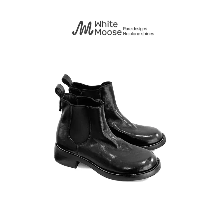 White Moose水洗马皮切尔西靴女2025新款秋冬真皮马丁靴复古靴子